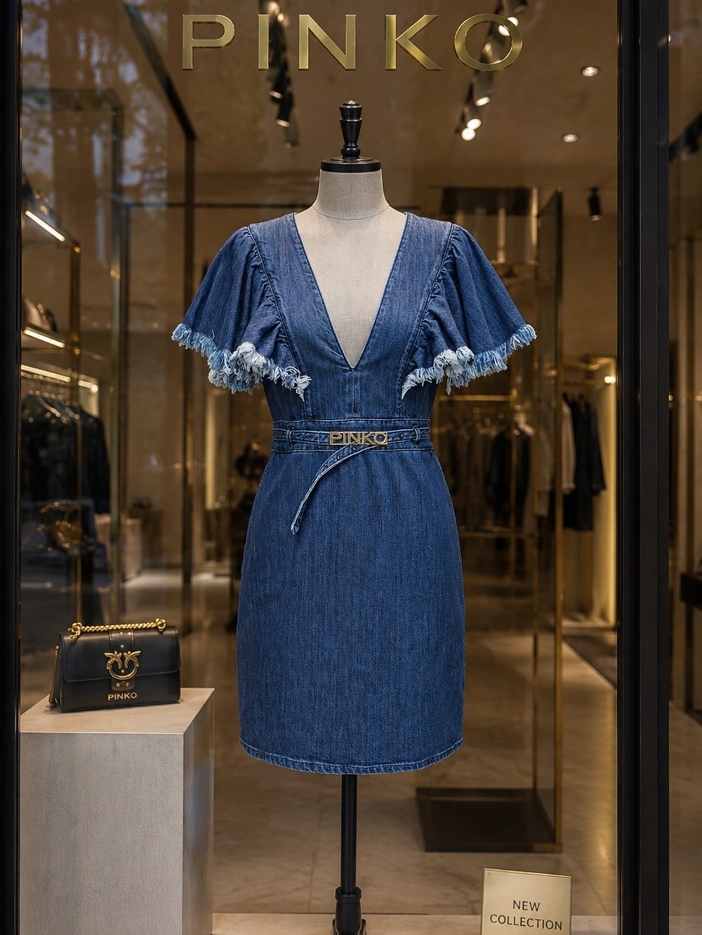 Pinko Denim V-Neck Short Dress in Blue